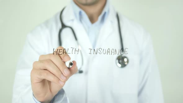 Health Insurance Policy, Doctor Writing on Transparent Screen