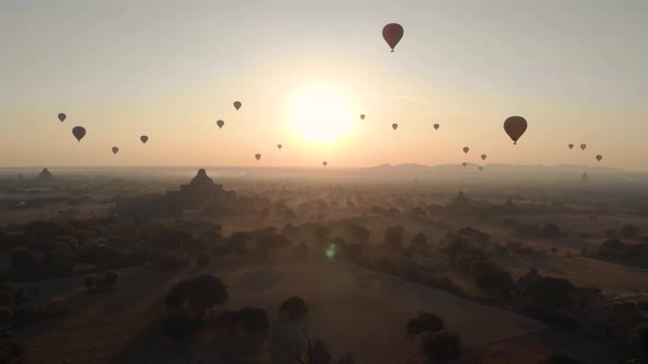 Aerial view of hot balloons in the Old Bagan temple site.