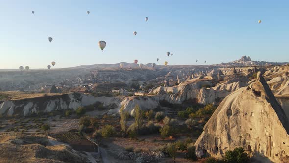 Aerial View Cappadocia Turkey  Balloons Sky