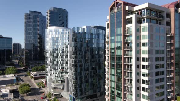 Drone Rising Over Urban Cityscape With Modern Architecture Buildings