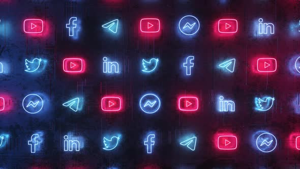 Neon Glowing Social Media Icons Flowing Loop