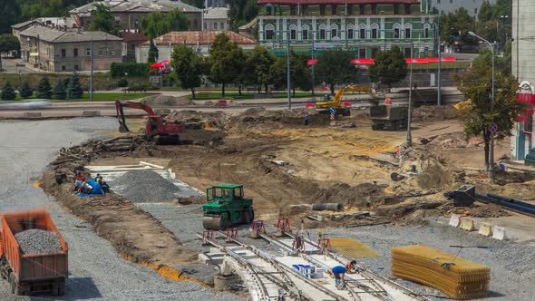 Work Excavators on the Construction of a Road Timelapse