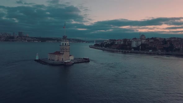 Aerial maiden tower at sunrise in istanbul bosphorus