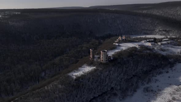 Ruins of Medieval Castle with Two Towers Aerial Drone View