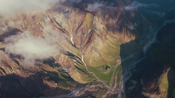 Amazing Aerial View of Marvelous Caucasus Mountains From Above Stepantsminda Georgia