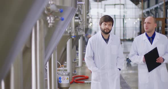 Two Caucasian Mans Working at a Brewery Factory