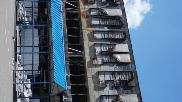 Vertical Video of a Destroyed Building of a Shopping Center in Bucha Ukraine