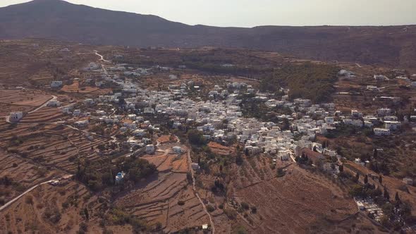 Wide Establishing Drone Shot of the Agricultural Village of Lefkes Greece