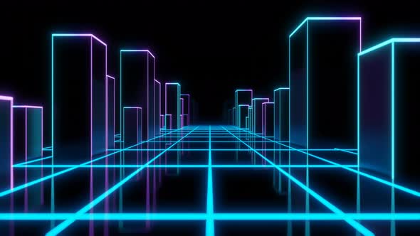 Retro Synthwave Blue and Purple Neon Road with Buildings 3d Render