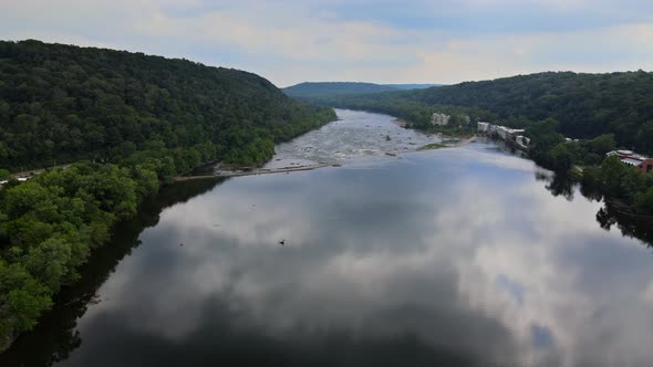 Overhead of Delaware River Landscape View Near Small Town Historic New Hope Pennsylvania American