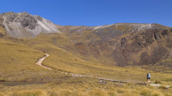 Static, hiker crosses barren mountain landscape, Fiordland, Kepler Track New Zealand