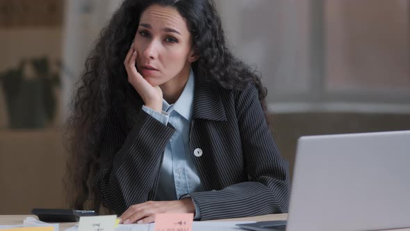 Bored Sad Indian Worker Business Woman Tired Sitting at Home Office Desk Lazy Female Entrepreneur