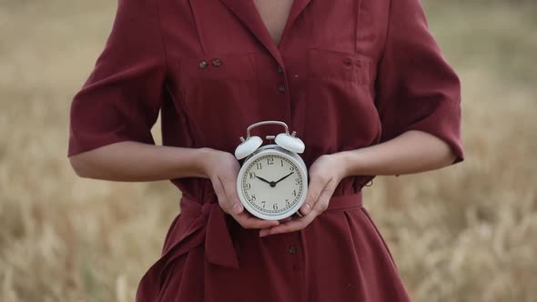 Woman keep in hands vintage white alarm clock on dry wheat field