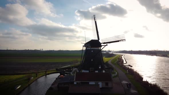 Aerial Drone Shot of a Windmill in the Netherlands