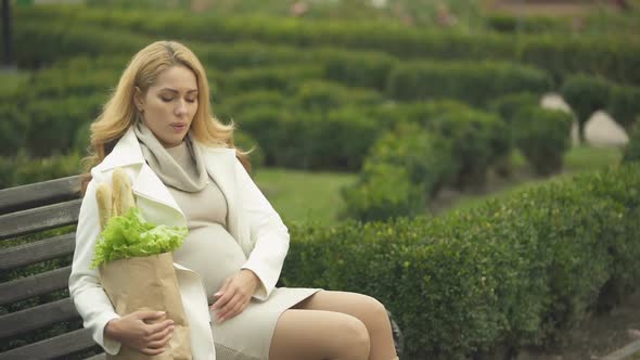 Tired Pregnant Female Sitting Park Bench Holding Grocery Bag, Expecting Fatigue