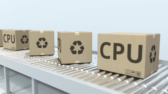 Cartons with Computer CPUs on Roller Conveyor