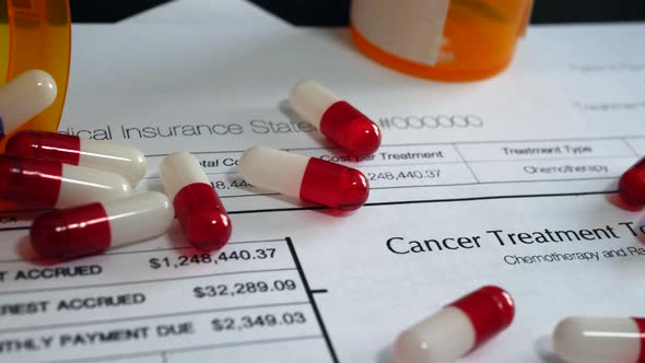 Cancer drug pills and prescription medicine on a prop medical insurance form showing high cost of tr