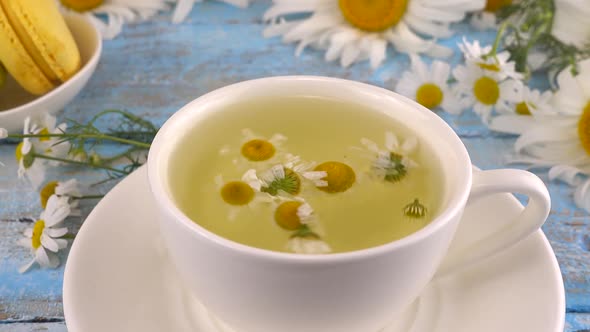 Brewing a herbal tea from chamomile in white cup. Summer theme.