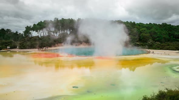 Time Lapse Thermal Lake, Champagne Pool at Wai-O-Tapu near Rotorua, New Zealand