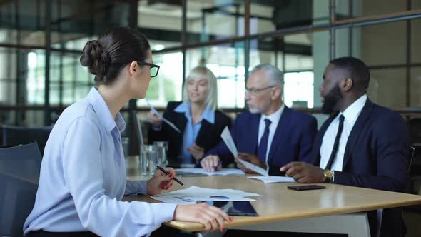 Sad Female Manager Looking Window During Office Meeting, Workload Tiredness