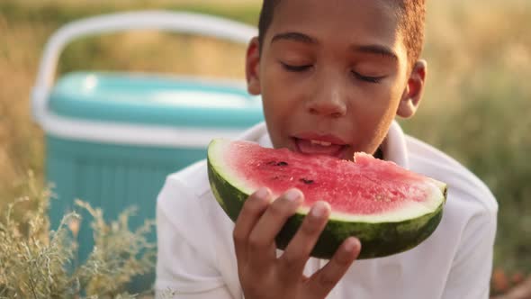 A pleased afro-american boy is eating watermelon