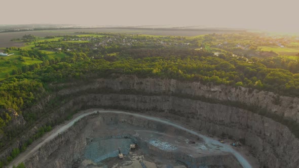 Aerial Drone View of Career in Europe, Crushed Stone Quarry at Summer Sunset