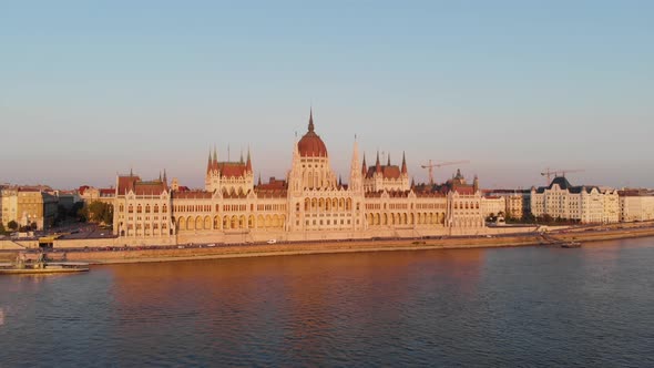 Aerial view to Hungarian Parliament at sunset, Budapest, Hungary