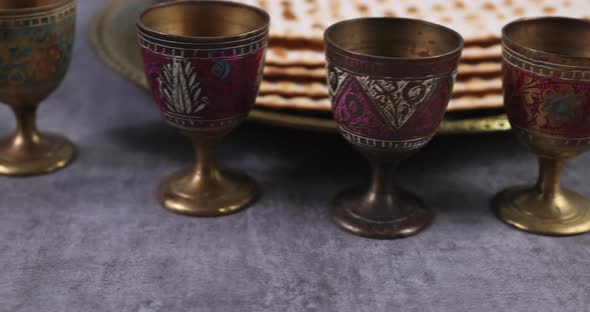 Orthodox Jewish Prepared with Four Cup Wine Kosher Matzah on Traditional Pesach Jewish Passover