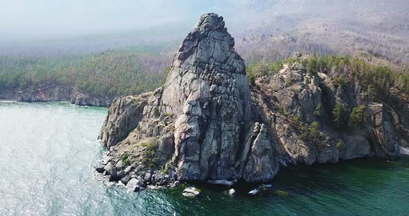 Drone Shot Mountain on the Coast of Baikal in Summer