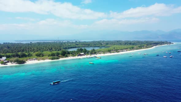 Aerial flying over texture of tropical resort beach wildlife by aqua blue ocean and clean sandy back