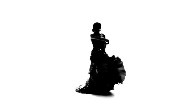 Dance of Flamenco Is Sexually Dancing Girl. White Background. Silhouette