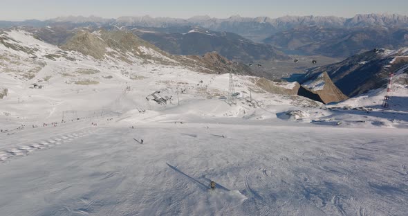 Drone Flight In Winter Over Person Skiing On Kitzsteinhorn Mountain