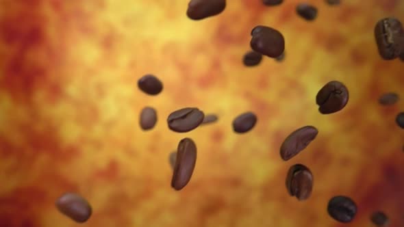 Roasted Coffee Beans Fly and Spin on a Yellow Ocher Background