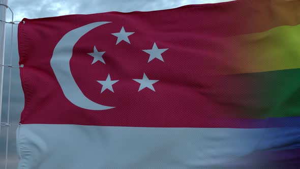 Waving National Flag of Singapore and LGBT Rainbow Flag Background
