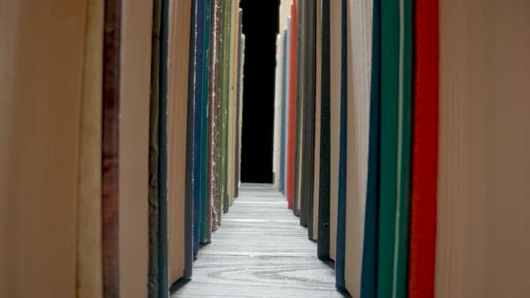 Camera Moves Along Rows of Books with Colored Covers Arranged on Bookshelf in Library