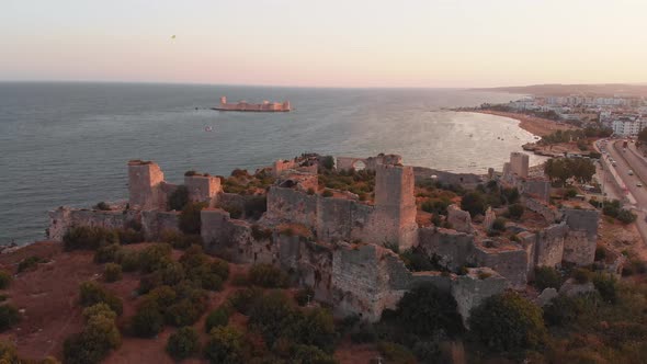 Panning View Of Antik Kiz Kalesi Ruins In Turkey