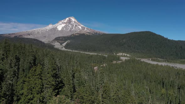 Aerial flying low to treetops toward Mt. Hood in the Cascade mountain range in Oregon.