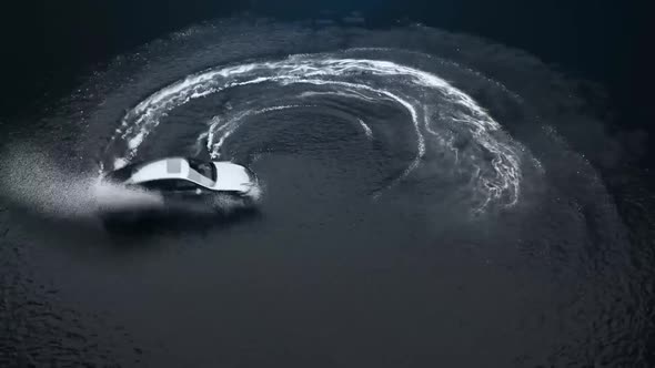 Car Skids Into The Water Surface Splashes On A Black Background