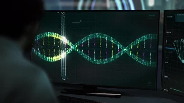 Scientific Experiment Working With A Scanning Of A Colorful 3D DNA Model alt