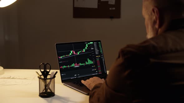 man works at the stock market at night