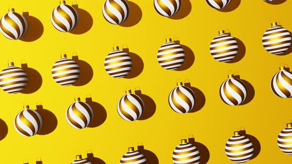 Golden white Christmas balls 3D looped seamless motion animation pattern yellow background Xmas 4K