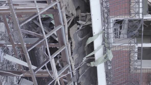 Vertical Video of a Building Bombed During the War in Makariv Ukraine