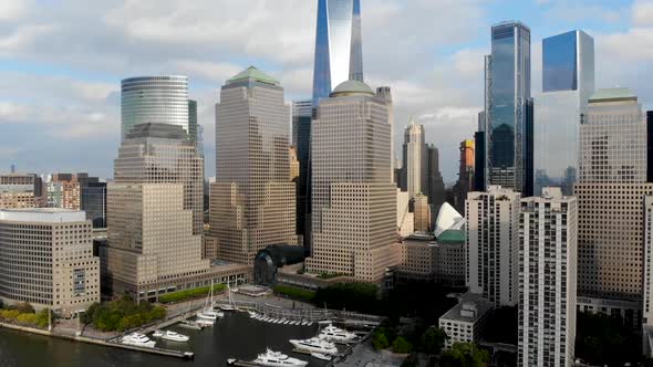 Aerial View of Manhattan Skyline, with World Trade Center, New York, USA.
