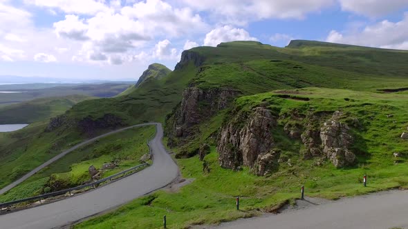 Green valley in mountain Quiraing, Scotland, United Kingdom