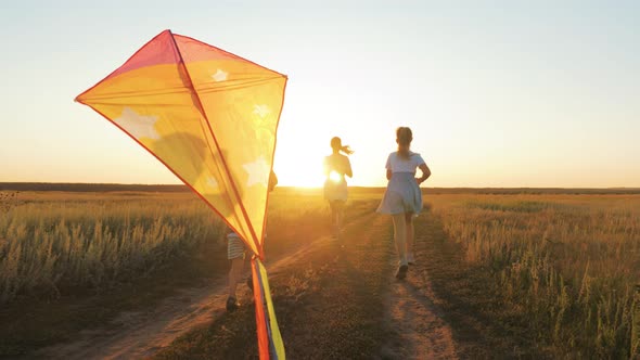 Happy Young Mother with a Children Play Kites Together on Park