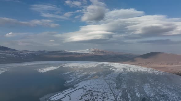 Aerial view of frozen Lake Paravani. The largest lake in Georgia