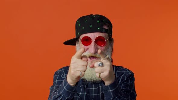 Seductive Senior Elderly Old Bearded Man Wearing Sunglasses Charming Smile Pointing at Camera