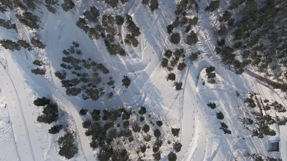 Cross Country Ski Area And Snow Covered Forest Birds Eye View, Sweden