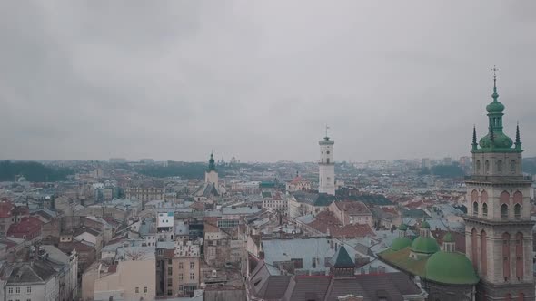 Aerial City Lviv, Ukraine. European City. Popular Areas of the City