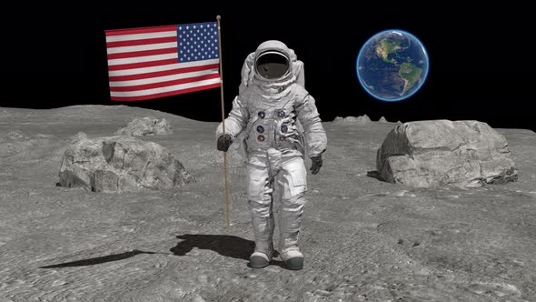 Astronaut Walking on the Moon with American Flag alt